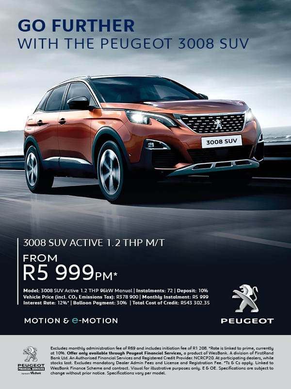 Get the stunning Peugeot 3008 SUV 1.2THP M/T from R5999pm