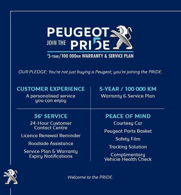 Join the Pride with Peugeot offering a 5 year warranty and courtesy car*